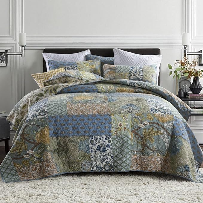 Cotton Bedspread Quilt Bedding Sets 3 Pieces Reversible Coverlet Sets Comforters Rustic Paisley Floral Patchwork Sage Green Bedspread, King Size