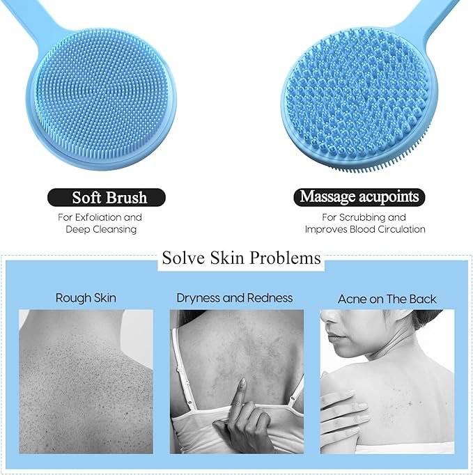 Silicone Back Scrubber for Shower, 17in Lengthen Long Handle Body Brush, Double Sided Shower Brush for Shower Exfoliating and Massage Can Produce Rich Foam, Long Handle Back Scrubber for Men