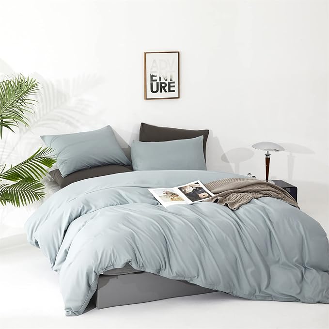 Cottonight Blue Comforter Set Bedding Set Solid Dusty Blue Blanket Quilts Modern Classic Soft Breathable Simple 3 Piece Women Men Comforter Set for Full Bed Teens Kids