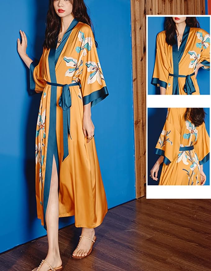 Silk Satin Robe for Women Long Japanese Kimono Robe Lightweight Soft Bathrobe Floral Luxury Dressing Gown