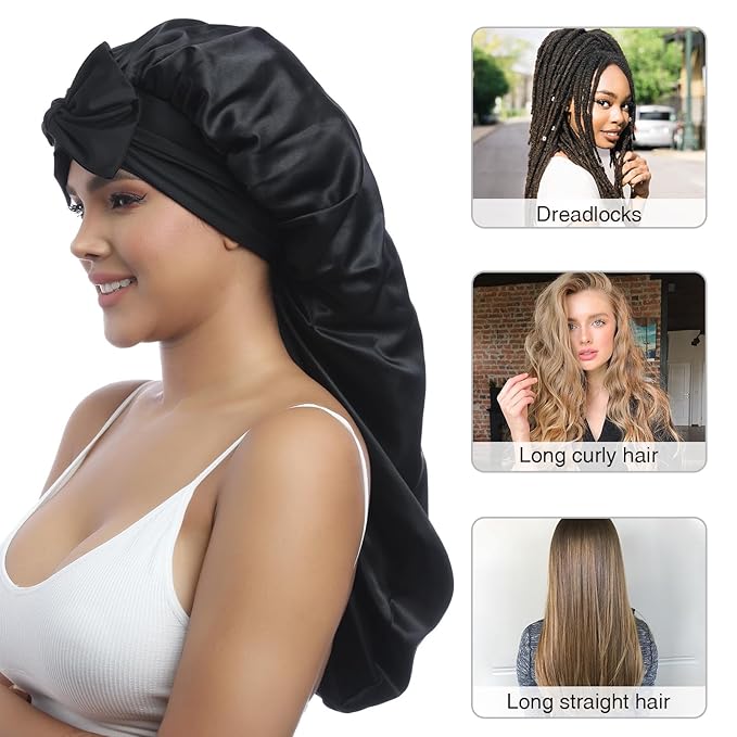 AWAYTR Long Satin Bonnet for Women - Double Layer Elastic Silk Bonnet for Braids Hair Sleeping Cap with Tie Band (Black)