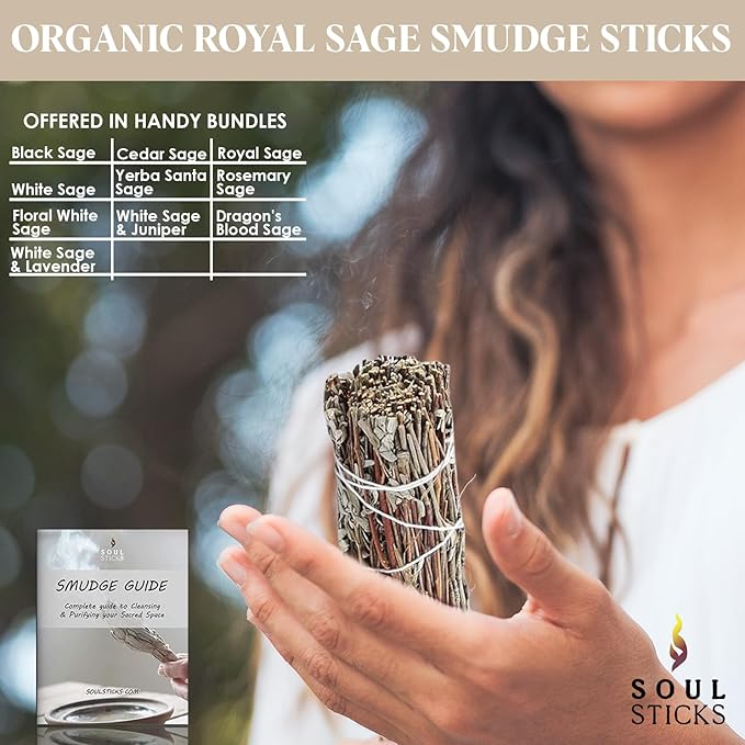 Soul Sticks 1 Pack 9 Inch Royal Sage Smudge Stick with Starter Guide | Floral Home Sage | House Blessing | Cleansing House | Smudging and Negative Energy | Big Smudge Stick