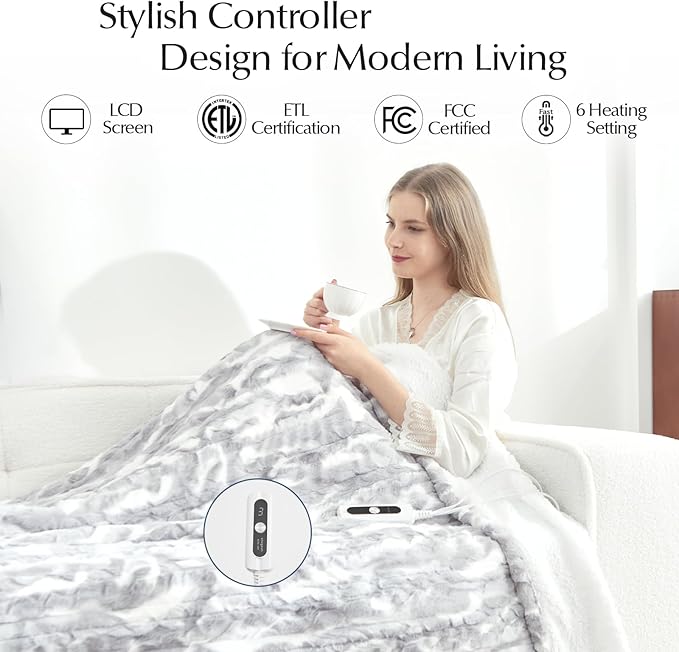 Heated Blanket Faux Fur & Sherpa Full Size, Safe Electric Blanket ETL & FCC Certified, Soft Warm 6 Heating Levels & 10 Hours Auto-Off, Machine Washable, 72"x84" Light Grey & White Pattern