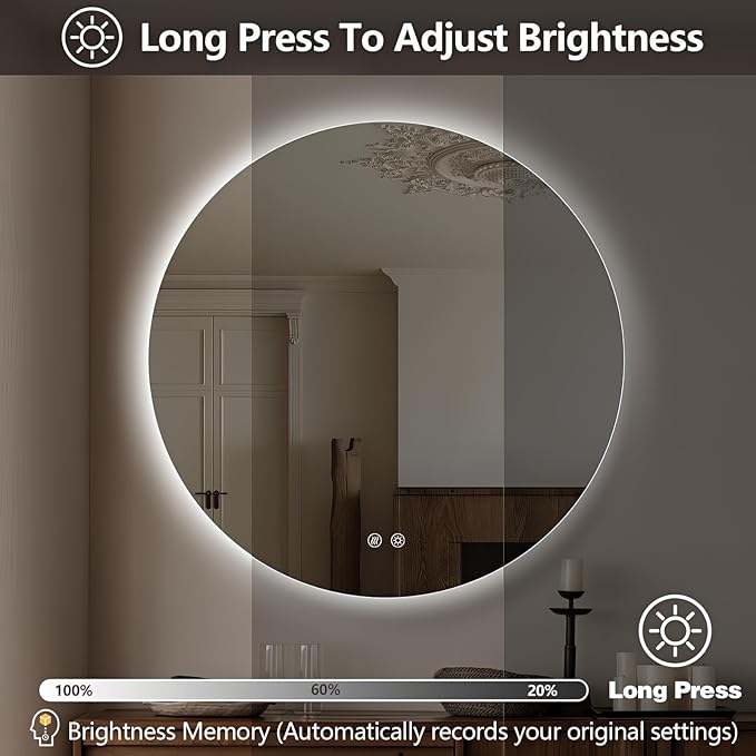 Niccy Round Led Mirror for Bathroom, 40" Circle Frameless Backlit Mirror wiht Light, Anti-Fog, 3 Colors, Waterproof, Memory Function