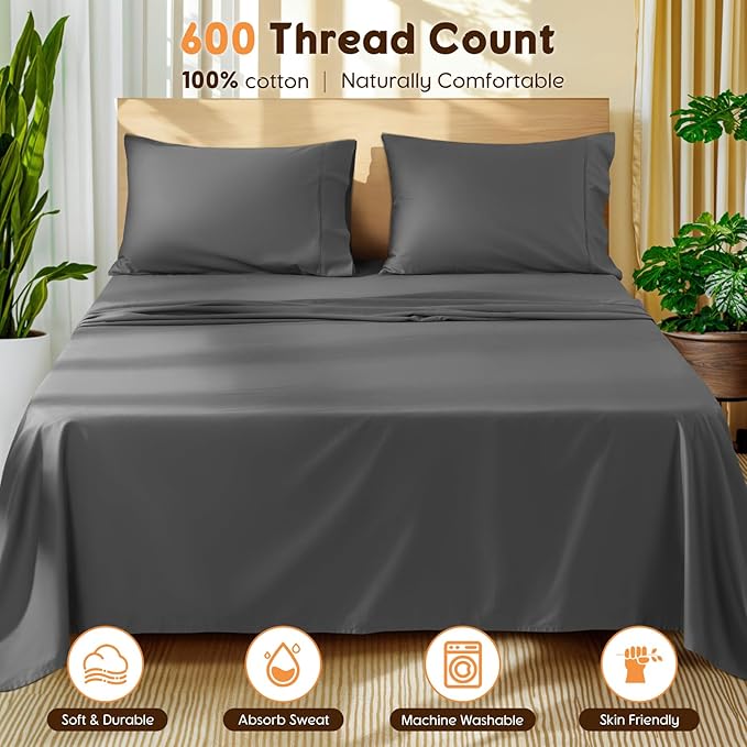 LBRO2M 100% Cotton Sheets Set Queen Size 600 Thread Count 4 Piece Sets Bed Sheet Deep Pocket Up to 16" Soft Comfortable All Season (Queen, Dark Gray)