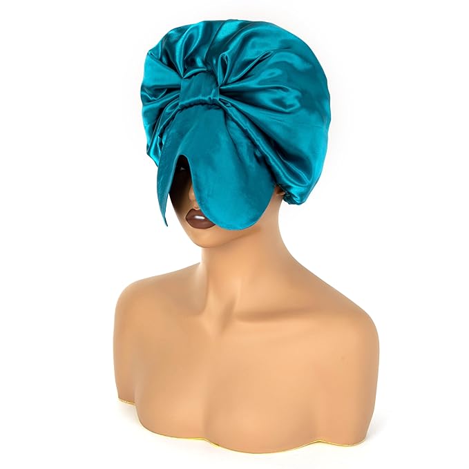 Blue Silk Bonnet for Sleeping Women Adjustable Double Layer Hair Bonnet for Curly Braids Hair Soft Satin Bonnet Night Sleep
