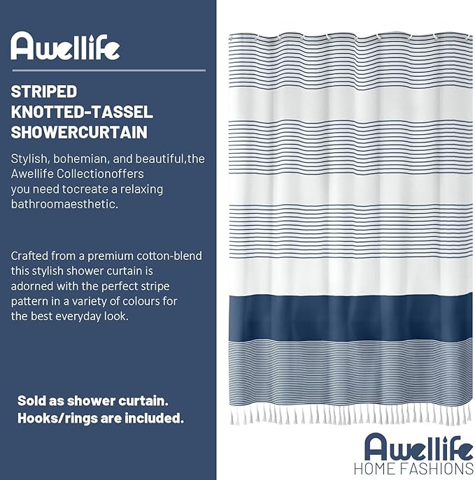 Awellife Navy Blue Shower Curtain for Bathroom Stripe Tassel Shower Curtain 84 X 72 Inches Farmhouse Cotton Wide