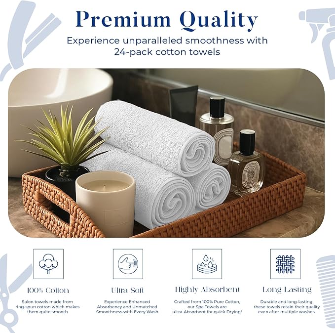 DAN RIVER 100% Cotton Salon Towels Set – 16x26 inches, Pack of 24, Highly Absorbent and Quick-Dry Towels for Hand, Salon, Spa, Beauty, Gyms and Home Hair Care, White