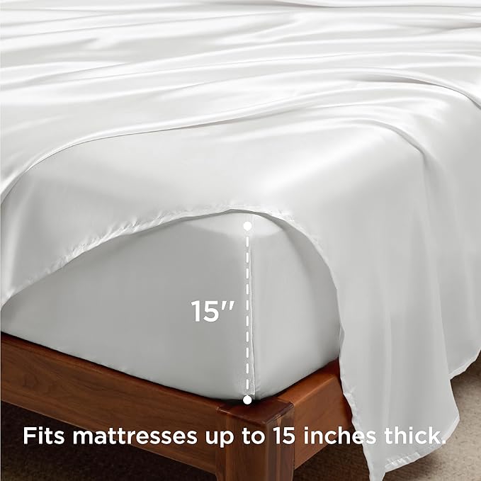 Bedsure White Satin Sheets Full Size - 4 Piece Silky Bedsheets with 15 Inches Deep Pocket Fitted Bedsheet,1 Flat Sheet, 2 Satin Pillowcases, Good for Hair & Skin (Full, White)