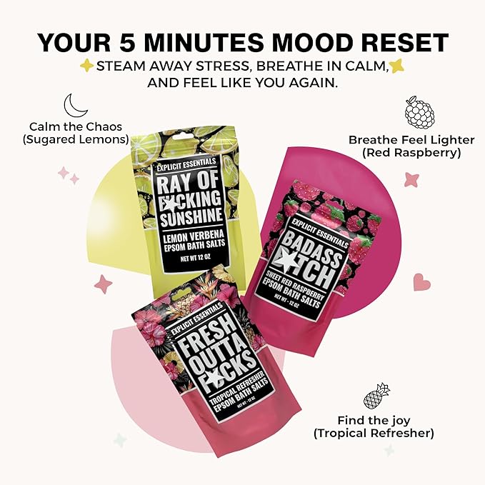 Bath Salt Gift Set for Women – 3-Pack of 12oz Aromatherapy Soaks – Relaxation Spa Gift – Sweet Raspberry, Lemon Verbena, Tropical Scented