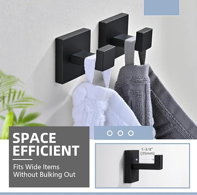3PCS Bathroom Hardware Set, Matte Black Toilet Paper Holder, 2 Square Towel Robe Hooks, SUS 304 Stainless Steel, Wall Mounted, Modern, Rust‑Resistant (Black)