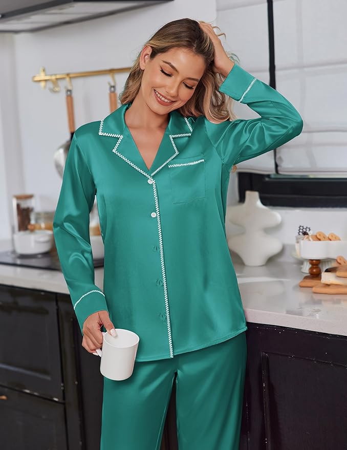 Ekouaer Satin Pajama Set for Women Silky Sleepwear Long Sleeve Top and Pants Button Down Pjs Lounge Set