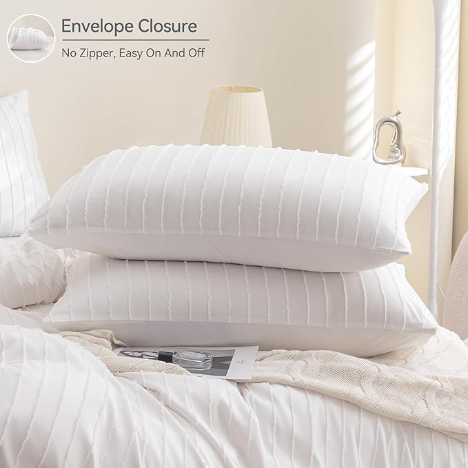 JELLYMONI Duvet Cover King Size Bright White - 3PCS Boho Striped Duvet Cover Set Polyester Tufted Bohemian Textured Comforter Cover 104×90in with Corner Ties & Zipper and 2 Pillowcases