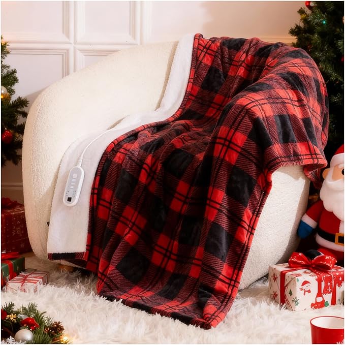 Heated Blanket Electric Throw, Heating Throw with 8 Fast Heating Levels/8 Hours Auto Off, Red Black Plaid Checkered Sherpa Blanket Warmer for Adults, Washable Blanket Gift for Couch Bed (50x60 inches)