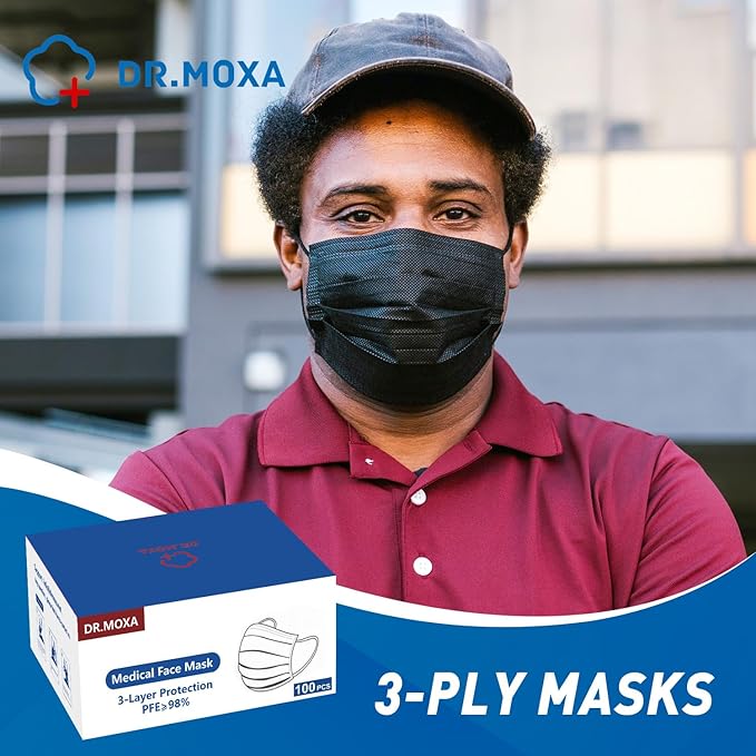 DR.MOXA 1000Pcs Black Disposable Medical Face Mask (10 Boxes, 100pcs/Box) 3-Ply Protection Face Mask for Adults