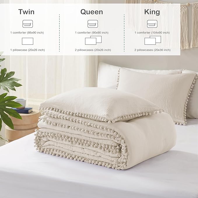 Codi Beige King Comforter Set - Boho Chic Bedding with Elegant Pom Fringe, Soft Washed Microfiber 3pc Luxury Set, Lightweight & Breathable for Master Bedroom, 1 Comforter & 2 Pillow Shams