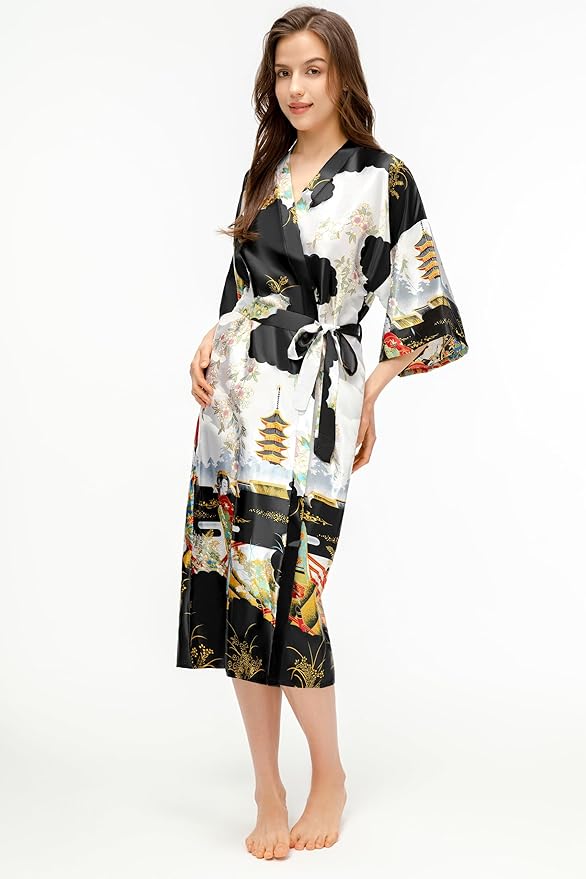 PRODESIGN Kimono Robe for Women - Long Satin Sleepwear Silky Kimono Cover-Up Nightgown Japanese Bathrobe Loungewear Blouse