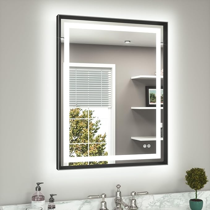 TETOTE 28 x 36 Bathroom LED Mirror Brushed Black Metal Frame Frontlit & Backlit Anti-Fog Stepless Dimmable 3 Colors White/Warm/Natural Mirror with Lights Wall-Mounted