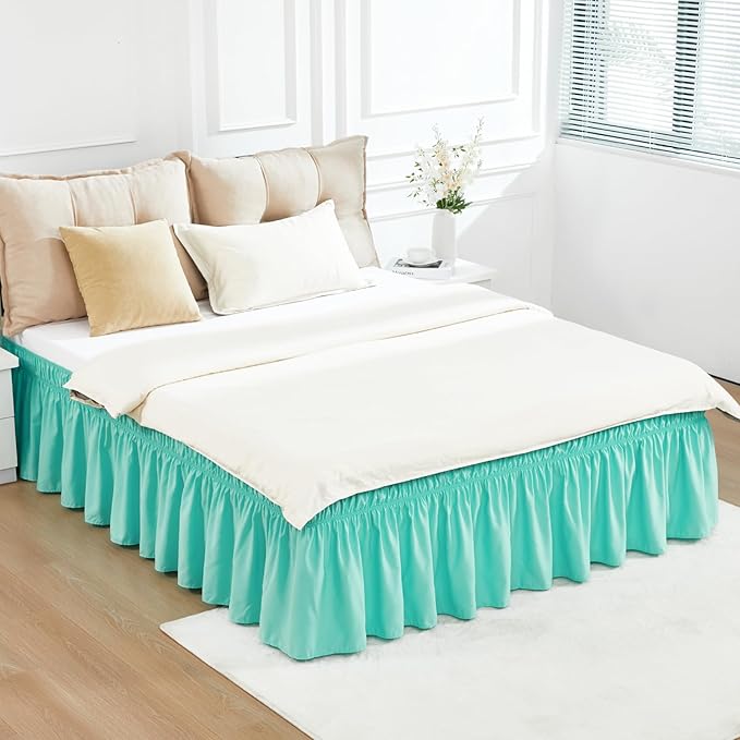 RIMELA Spa Blue Bed Skirt Queen Size 15 Inch Drop, Elastic Bed Skirting for Bed Base and Frame, Bedding Dust Ruffle Easy to Install, Lightweight Wrap Around Adjustable Bedskirt