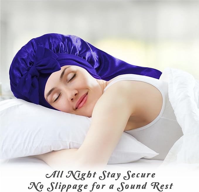 Long Satin Bonnet with Tie Band for Sleeping Women - Silk Sleep Bonnet for Curly Hair and Braids