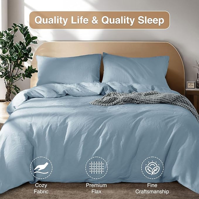 SONORO KATE 100% French Linen Duvet Cover King Size, Soft Breathable for Hot Sleepers, Moisture Wicking & Durable Cover Set - Zipper Closure & 4 Corner Ties Duvet Covers 3 Piece (Dusty Blue,King)