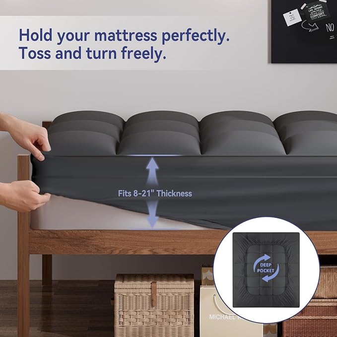 ELEMUSE Twin Grey Mattress Topper for Back Pain, Extra Thick Mattress Pad Cover, Plush Soft Pillowtop with Elastic Deep Pocket, Overfilled Down Alternative Filling