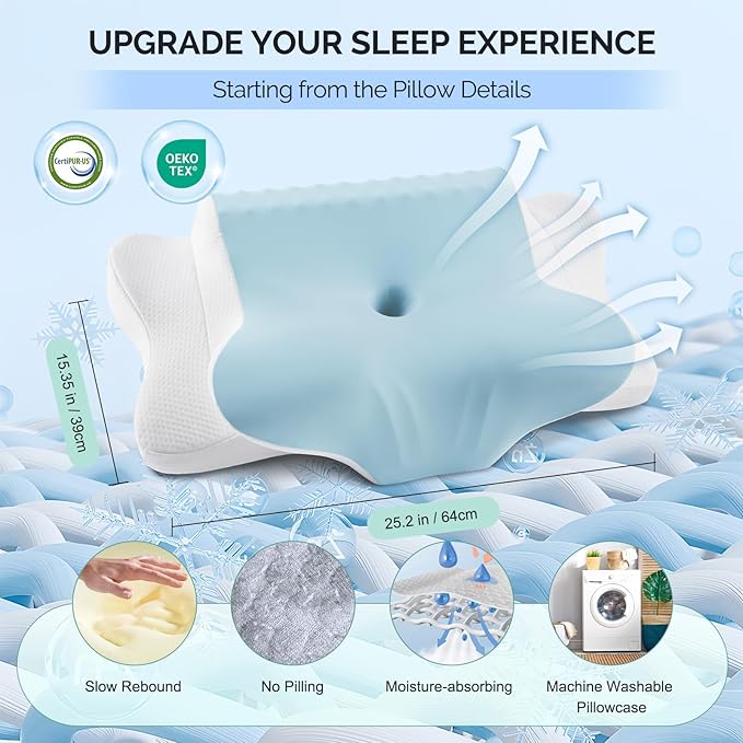 Cervical Pillow for Neck Pain Relief - Cooling Ergonomic Dual-Sided Orthopedic Neck Pillow with Ice Silk Pillowcase, Breathable Memory Foam Contour Pillow for Side, Back, Stomach Sleepers