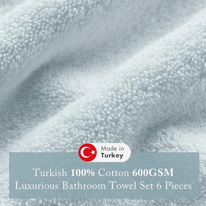 Madison Park Turkish 100% Cotton 600Gsm Luxury Premium Thick Soft Absorbent Hotel Bathroom Towel Set Shower Hand Face Washcloths, Assorted Sizes, Light Blue 6 Piece