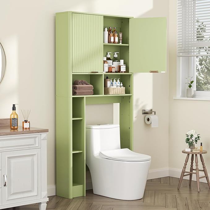 31" W Over The Toilet Storage Cabinet with Fluted Door, Green Bathroom Organizer with Adjustable Shelf, Natural Toilet Paper Holder Stand Wave Door for Restroom, Laundry Room