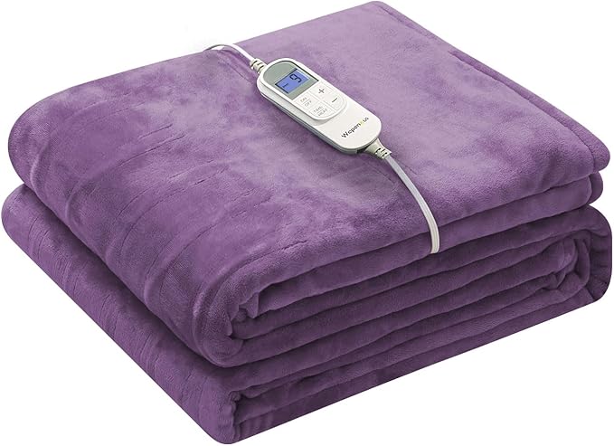 Wapaneus Foot Pocket Heated Blanket Electric Throw with 10 Heating Levels and 4 Timer Settings 4 Hours Auto Shut Off, Flannel Fast-Heating Heated Throw 50" x 60", Machine Washable, Purple