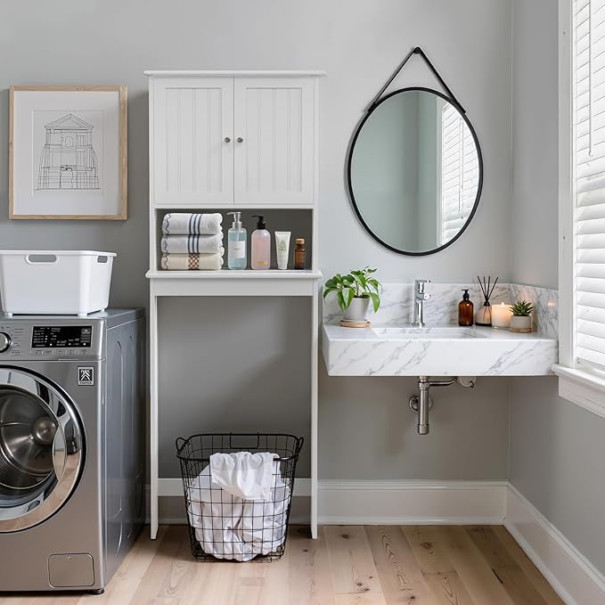Over The Toilet Storage Cabinet, Behind Toilet Bathroom Organizer with Adjustable Shelves, Wooden Above Toilet Storage Shelf, Space Saver for Restroom, Bathroom, Laundry
