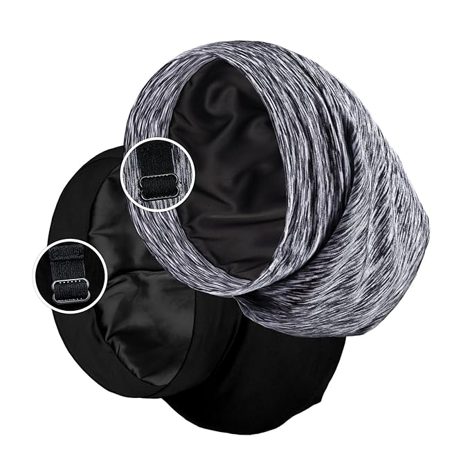 Satin Lined Sleep Cap Bonnet for Curly Hair and Braids, Stay On All Night Hair Wrap with Adjustable Strap for Women and Men, Black and Grey, Pack of 2