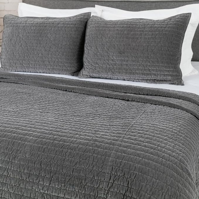 ELEGANT LIFE HOME Velvet Quilt Twin Reversible Royal Cotton Velvet Pic-Stitch Bedding Quilt - Twin - 68'' x 90'', Grey