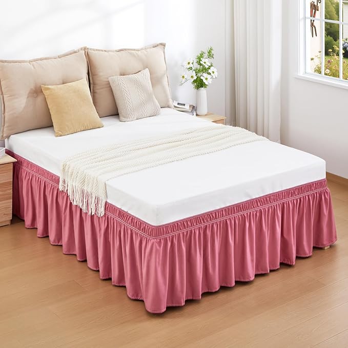 RIMELA Dusty Red Bed Skirt King Size 18 Inch Drop, Wrap Around Elastic Bedskirt, Dust Ruffle for Adjustable Bed Base Machine Washable Easy to Install Bed Skirts
