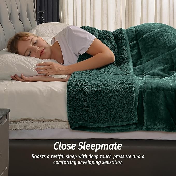 Wemore Sherpa Fleece Weighted Blanket for Adult, 15 lbs Dual Sided Cozy Fluffy Heavy Blanket, Ultra Fuzzy Throw Blanket with Soft Plush Flannel Top, 48 x 72 inches, Green on Both Sides