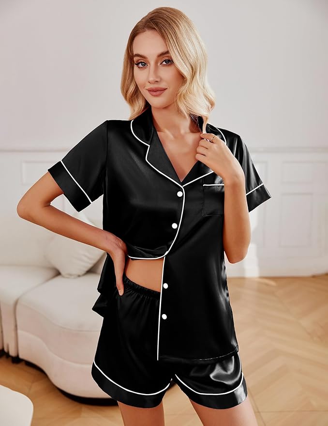 Ekouaer Pajamas for Women Set Silk Satin Pjs Shorts Sleepwear 2 Piece Loungewear S-XXL