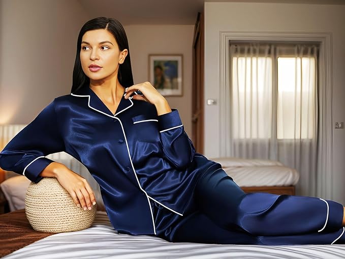Lonxu Silk Satin Womens Pajama Sets Button Down Sleepwear Loungewear XS~3XL