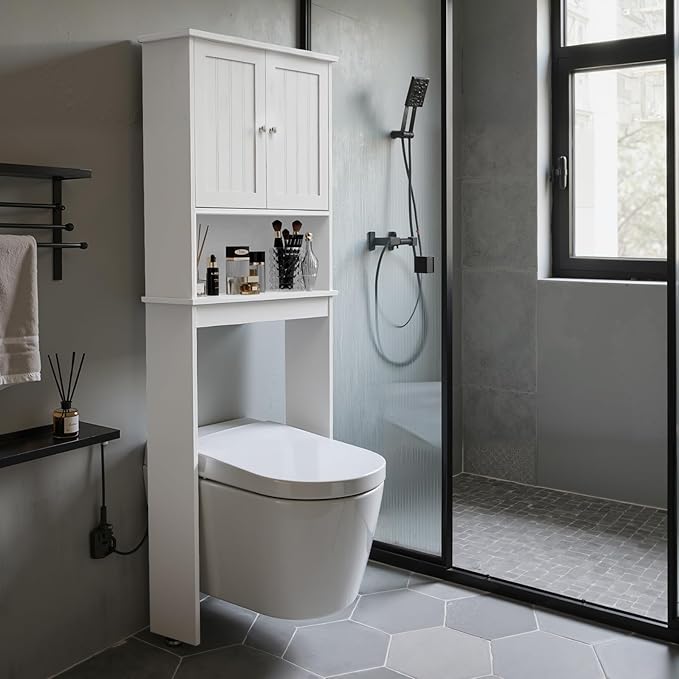 Over The Toilet Storage Cabinet, Behind Toilet Bathroom Organizer with Adjustable Shelves, Above Toilet Organizers with Barn Door, Space Saver for Restroom, Bathroom, Laundry