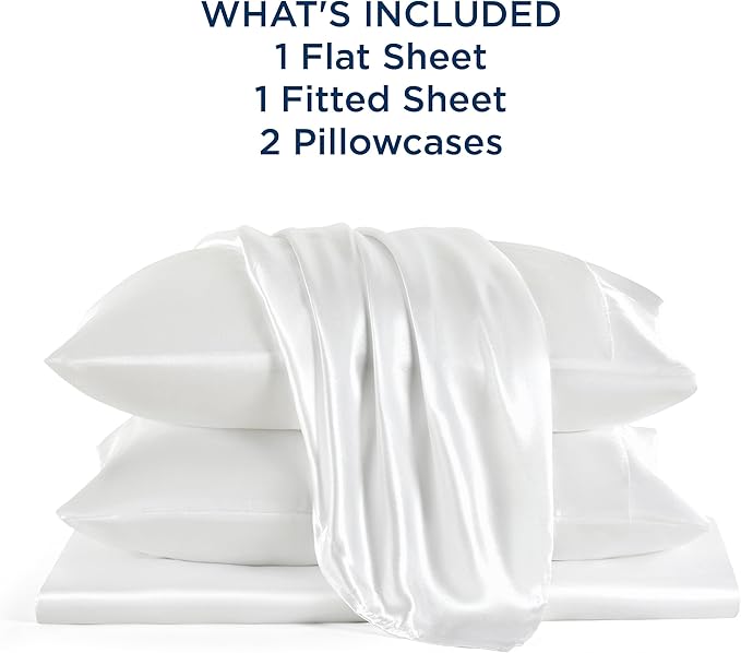 Bedsure White Satin Sheets Full Size - 4 Piece Silky Bedsheets with 15 Inches Deep Pocket Fitted Bedsheet,1 Flat Sheet, 2 Satin Pillowcases, Good for Hair & Skin (Full, White)