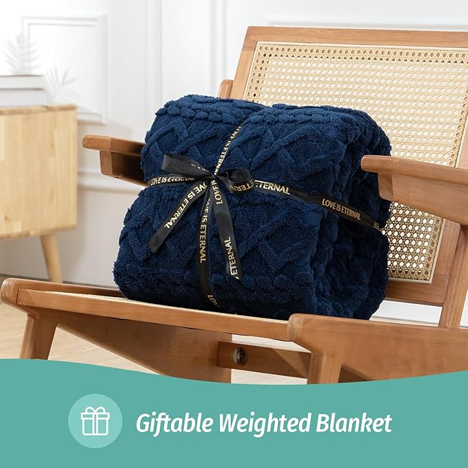 Wemore Weighted Blanket for Adults Twin Size 15 lbs, Dual Sided Soft Fuzzy Jacquard Sherpa Weighted Blankets for Sleeping, Cozy Fluffy Knitted Heavy Blanket for Couch Bed, Navy Blue, 60 x 80 inches