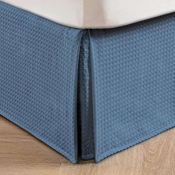 MIYE Pleated Waffle Weave Bed Skirt, Tailored Dust Ruffle 14 Inch Drop Easy Fit, Machine Washable (Blue, Queen - 14" Drop)
