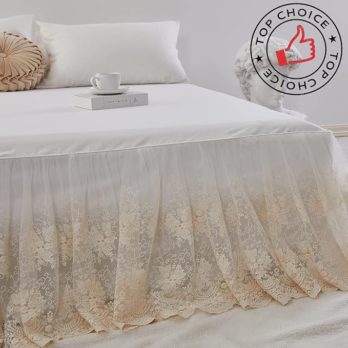 Brandream Lace Bed Skirt Queen Size Cream White 18 Inch Drop Romantic Dust Ruffle Split Corners Bed Sheets Cover Excellent Quality