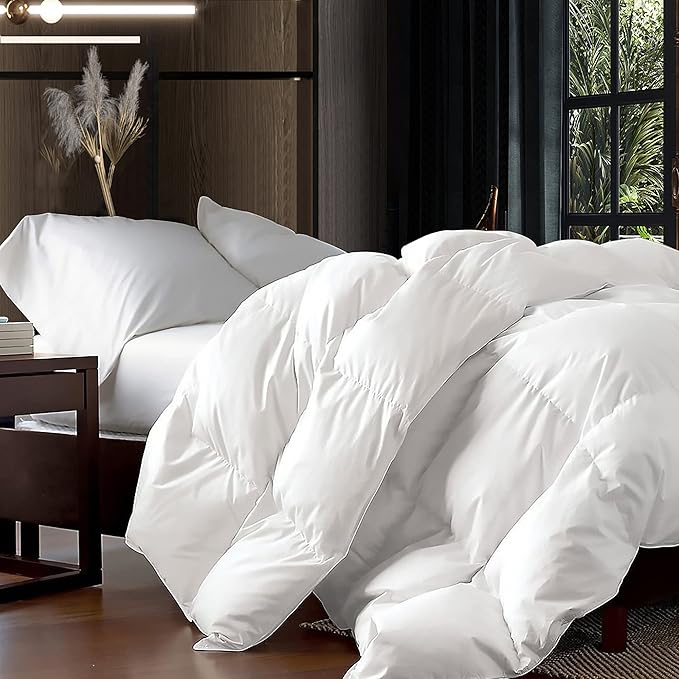 Luxurious Full Size Goose Down Fiber Waterfowl Feather Fiber Comforter Duvet, 100% Egyptian Cotton Cover, 45 oz. Fill Weight, Baffle Box Design, White Solid