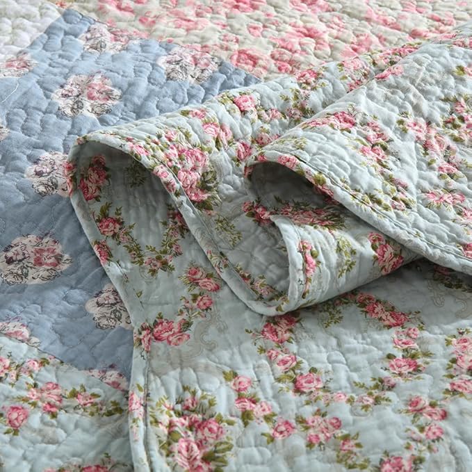 Cotton Bedspread Quilt Bedding Sets 3 Pieces Reversible Coverlet Sets Comforters Green Rose Floral Patchwork Bedspread, Queen Size