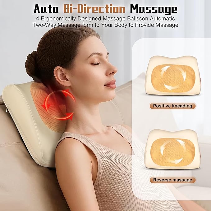 Shiatsu Back and Neck Massager with Heat,3D Electric Kneading Deep Tissue Massage Pillow for Muscle Pain Relief,Cordless Portable Massage for Neck,Shoulder,Leg,Back,Use for Home,Car,Office,Travel