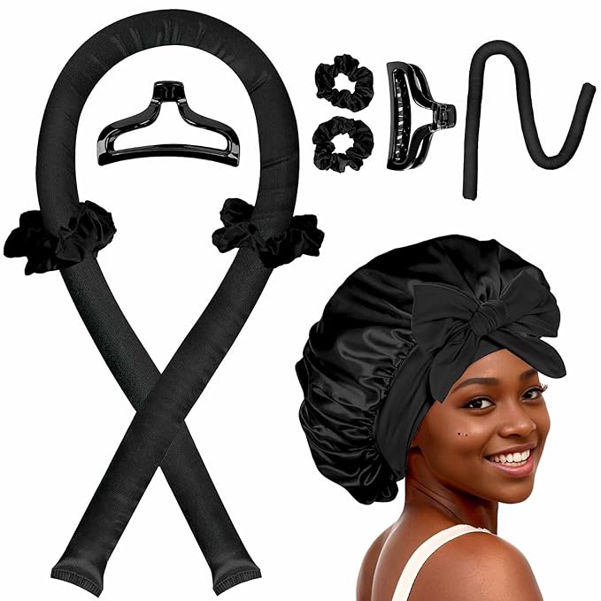 Heatless Hair Curler,Blowout Heatless Curls Overnight,No Heat Curling Rod Set with Satin Bonnet for Sleep in,Black