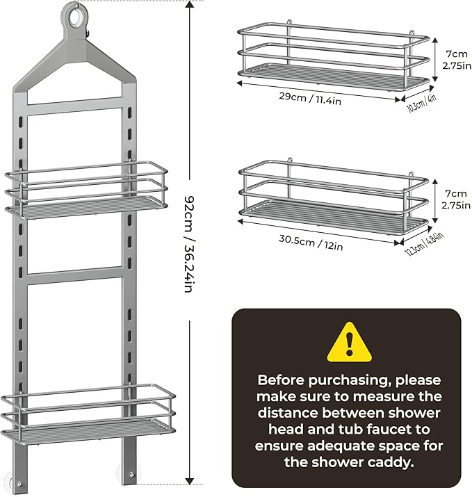Orimade Adjustable Anti-Slip Shower Caddy Over Shower Head, Rustproof Bathroom Hanging Shower Organizer with 2 Hooks for Razor, No Drilling Shower Shelves Storage Rack 2 Tier, Light Grey