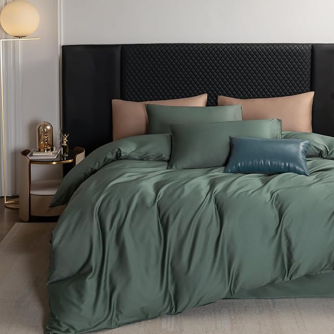 MooMee Duvet Cover Set 100% Extra Long Staple Cotton 600 Thread Count Silky Sateen Smooth Luxury Soft Breathable Durable Hotel Quality Bedding, 3 Pieces (Dark Green, King 104"x90")