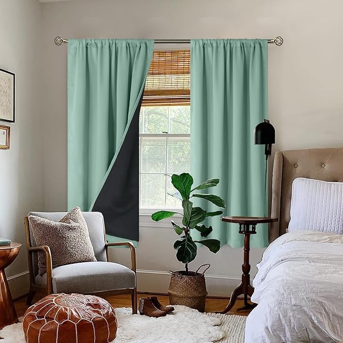 BGment Frosty Green Blackout Curtains for Bedroom 63 Inch Length, Rod Pocket Black Out Curtains for Living Room Thermal Insulated Soundproof Privacy Room Darkening Window Curtains, 42 x 63 Inch