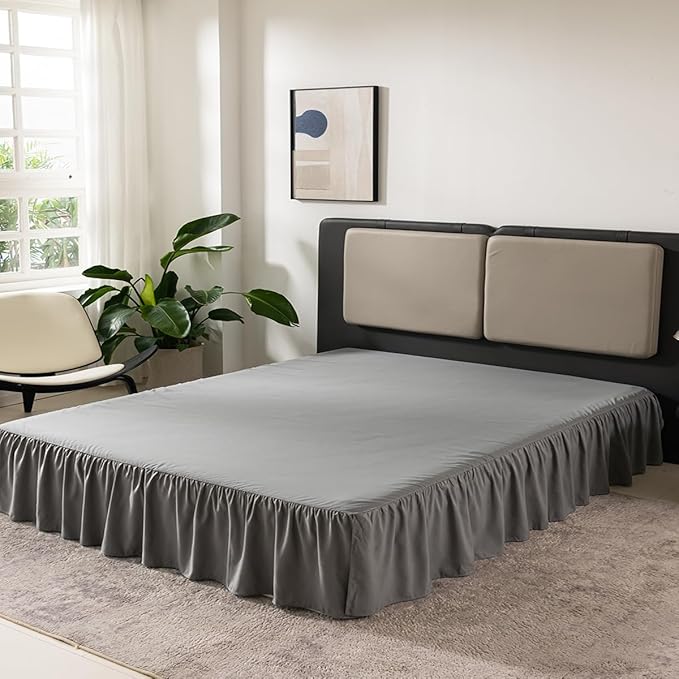 Grey Bed Skirt Queen Size Ruffled Bed Skirt with Split Corners, Queen Bed Skirt 12 Inch Drop, TSUTOMI Queen Size Bed Skirt Grey for Ruffled Bed Skirt with Split Corners, Bed Skirt Queen Size